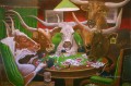 bovins longhorns jouant au poker